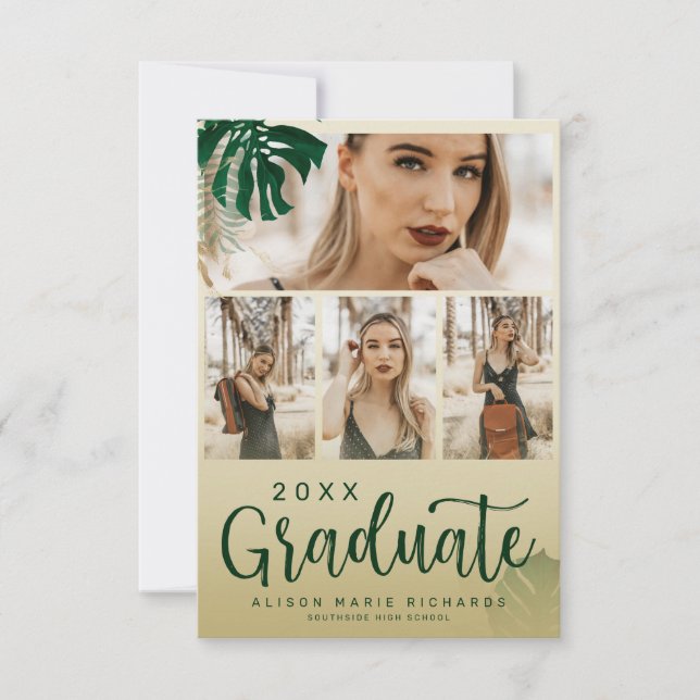 Modern Tropical Leaves Themed Graduation Photo Announcement (Front)