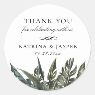 Modern Tropical Leaves Wedding Favour Classic Round Sticker
