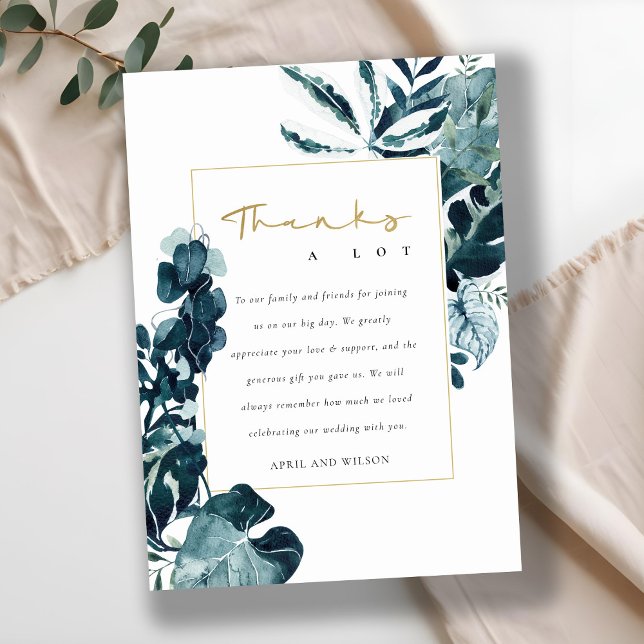 MODERN TROPICAL MONSTERA BLUE FOLIAGE WEDDING THANK YOU CARD (Creator Uploaded)