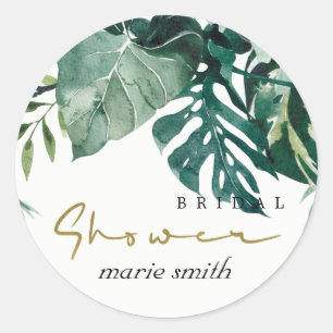 MODERN TROPICAL MONSTERA FOLIAGE BRIDAL SHOWER CLASSIC ROUND STICKER