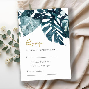 Modern Tropical Monstera Foliage Wedding Blue Rsvp Enclosure Card