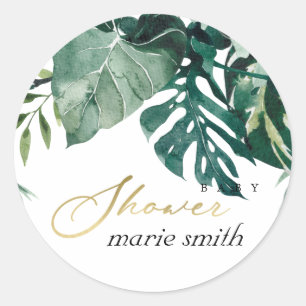 Modern Tropical Monstera Green Foliage Baby Shower Classic Round Sticker