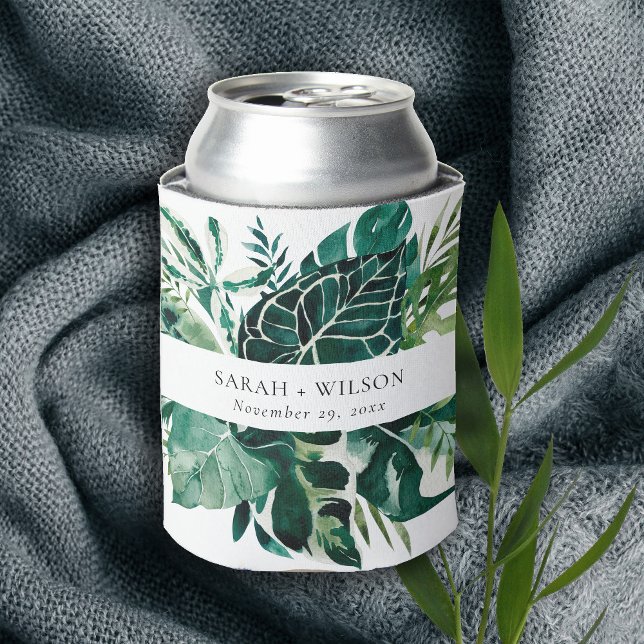 Modern Tropical Monstera Green Foliage Wedding  Can Cooler (Creator Uploaded)