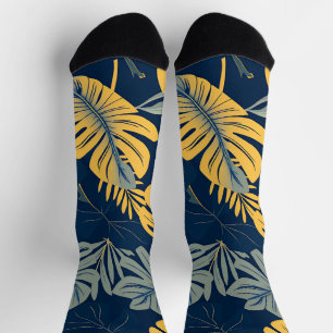 Modern Tropical Monstera Leaf Navy Gold Jungle Socks