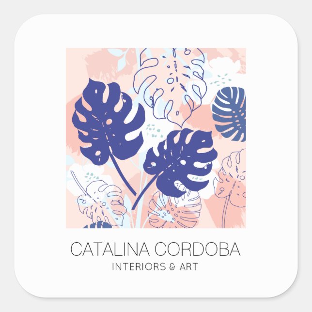 Modern Tropical Monstera Leaf Pattern Peach/Blue Square Sticker (Front)