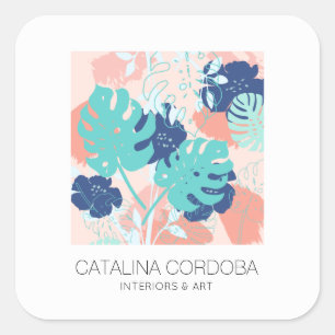 Modern Tropical Monstera Leaf Pattern Peach/Mint Square Sticker