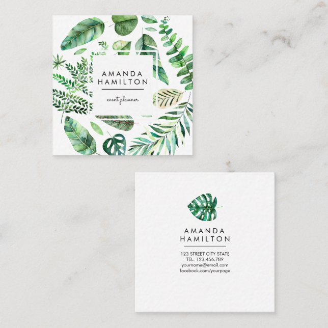 Modern Tropical monstera  Watercolor Floral Square Business Card (Front/Back)