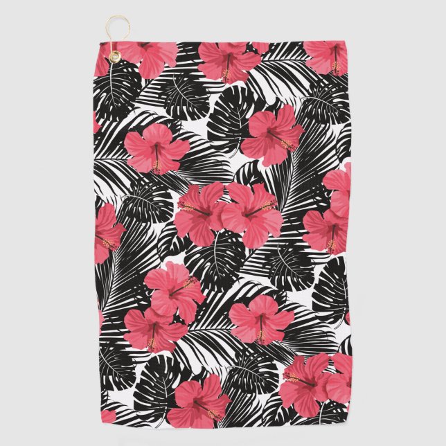Modern Tropical Palm and Hibiscus Pattern Golf Towel (Front)