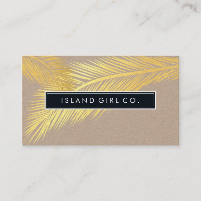 MODERN TROPICAL PALM FRONDS logo trendy gold kraft Business Card (Front)