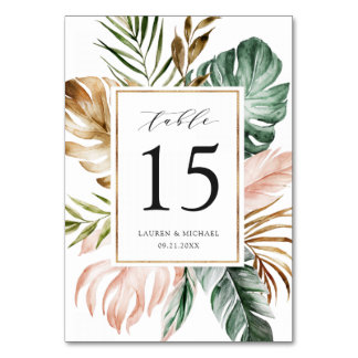 Modern Tropical Palm Leaf Greenery Blush Floral Table Number