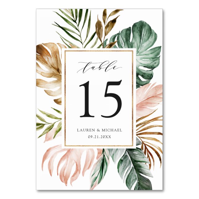 Modern Tropical Palm Leaf Greenery Blush Floral Table Number (Front)