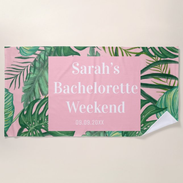 Modern Tropical Palm Leaf Pink Girly Bachelorette  Beach Towel (Front)