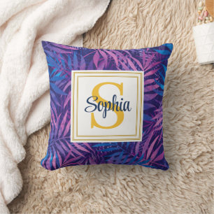Modern Tropical Palm Leaf Script Name Monogram Cushion