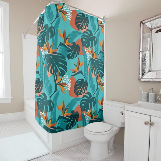 Modern tropical palm leaves and hibiscus pattern shower curtain (In Situ)