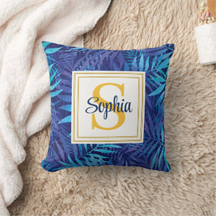 Modern Tropical Palm Leaves Custom Monogram Cushion