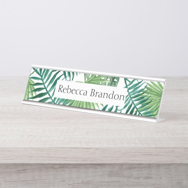 Modern Tropical Palm Leaves Desk Name Plate (Front)