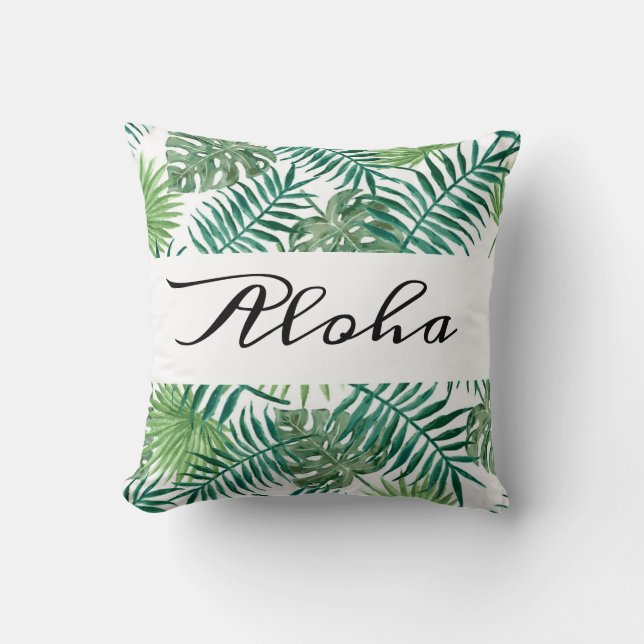 Modern Tropical Palm Leaves Green Aloha Cushion (Front)