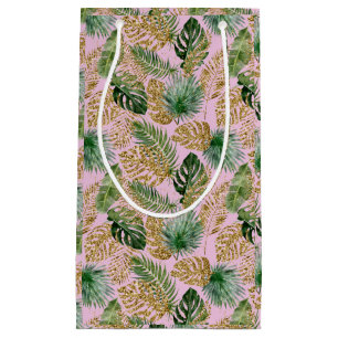 Modern Tropical Palm Leaves Monstera Gold Glitter Small Gift Bag