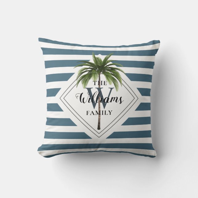 Modern Tropical Palm Tree Blue Stripes Monogram Cushion (Front)