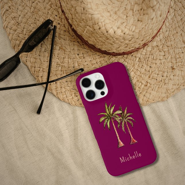 Modern Tropical Palm Trees Red Burgundy Case-Mate iPhone Case (Creator Uploaded)