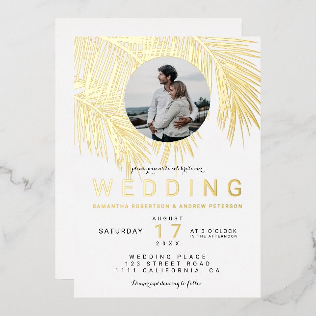 Modern tropical photo gold palm tree white wedding (Front/Back)