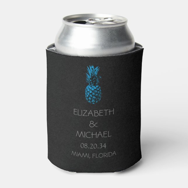 Modern Tropical Pineapple  Wedding Black Blue Can Cooler (Can Front)
