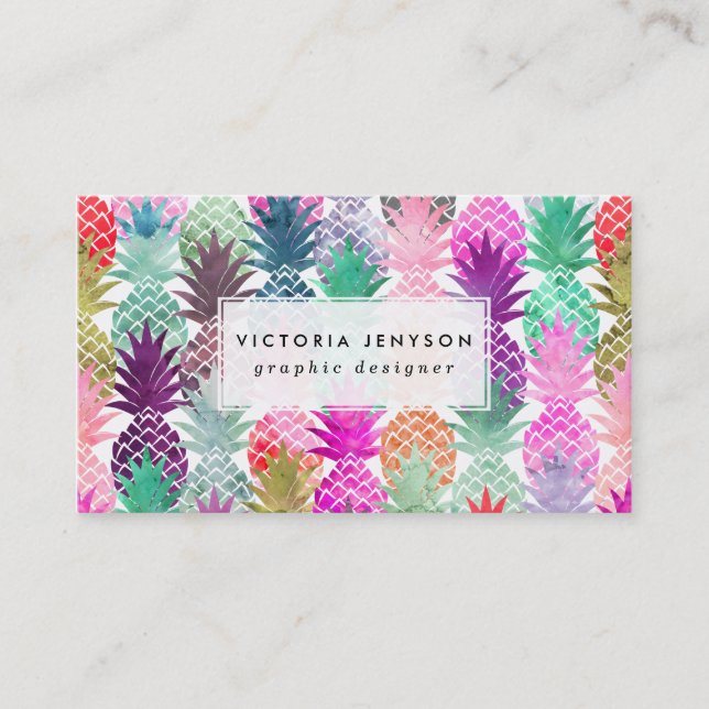 Modern tropical pineapples pastel watercolor business card (Front)