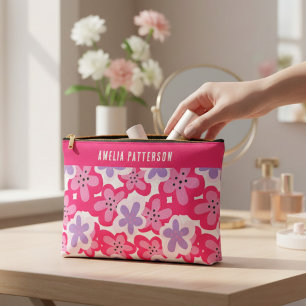 Modern Tropical Pink Floral Personalised Name Accessory Pouch