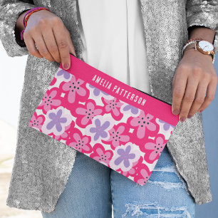Modern Tropical Pink Floral Personalised Name Accessory Pouch