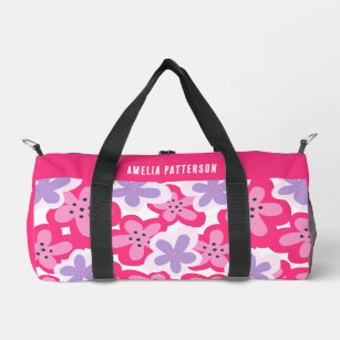Modern Tropical Pink Floral Personalised Name Duffle Bag