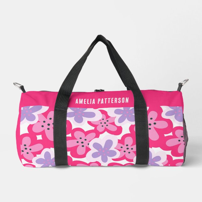 Modern Tropical Pink Floral Personalised Name Duffle Bag (Front)