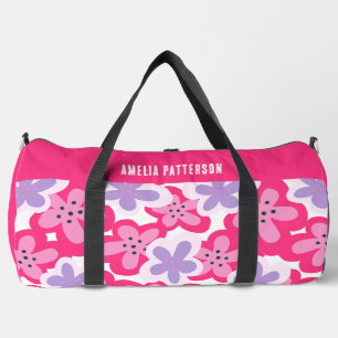 Modern Tropical Pink Floral Personalised Name Duffle Bag