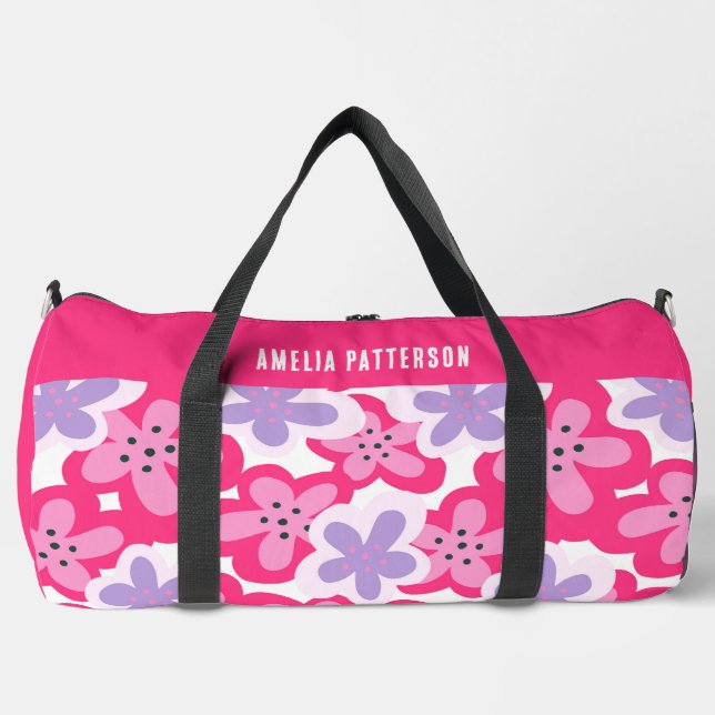 Modern Tropical Pink Floral Personalised Name Duffle Bag (Front)
