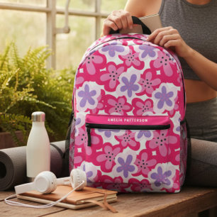 Modern Tropical Pink Floral Personalised Name Printed Backpack