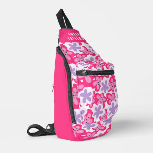 Modern Tropical Pink Floral Personalised Name Sling Bag