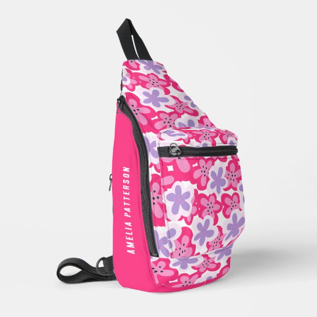 Modern Tropical Pink Floral Personalised Name Sling Bag (Left Corner)