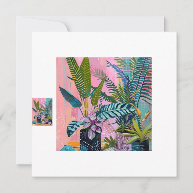 Modern Tropical Plant Print – Pink and Green  Invitation (Front)
