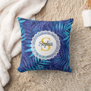 Modern Tropical Purple & Blue Palm Leaves monogram Cushion