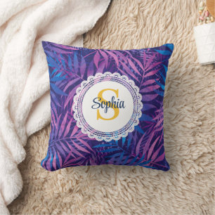 Modern Tropical Purple & Blue Palm Leaves monogram Cushion
