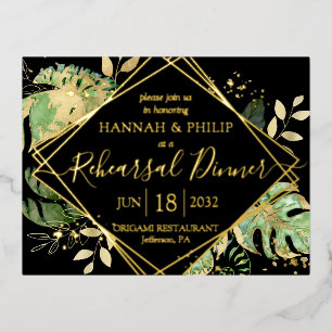Modern Tropical Rehearsal Dinner Gold Foil Invitation Postcard