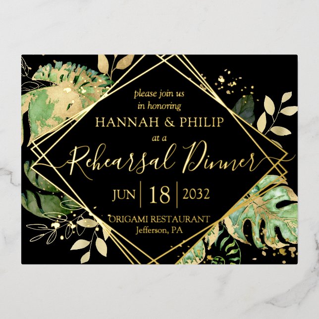 Modern Tropical Rehearsal Dinner Gold Foil Invitation Postcard (Front)