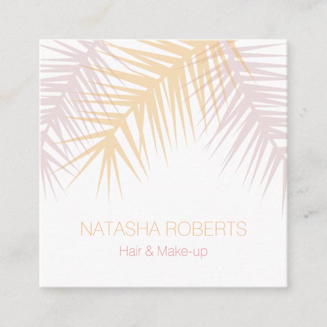 Modern tropical rosé palm leaves feminine square business card (Front)
