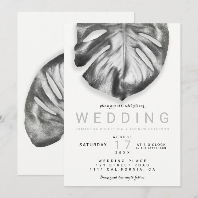 Modern tropical silver monstera leaf wedding invitation (Front/Back)