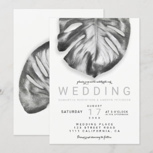 Modern tropical silver monstera leaf wedding invitation