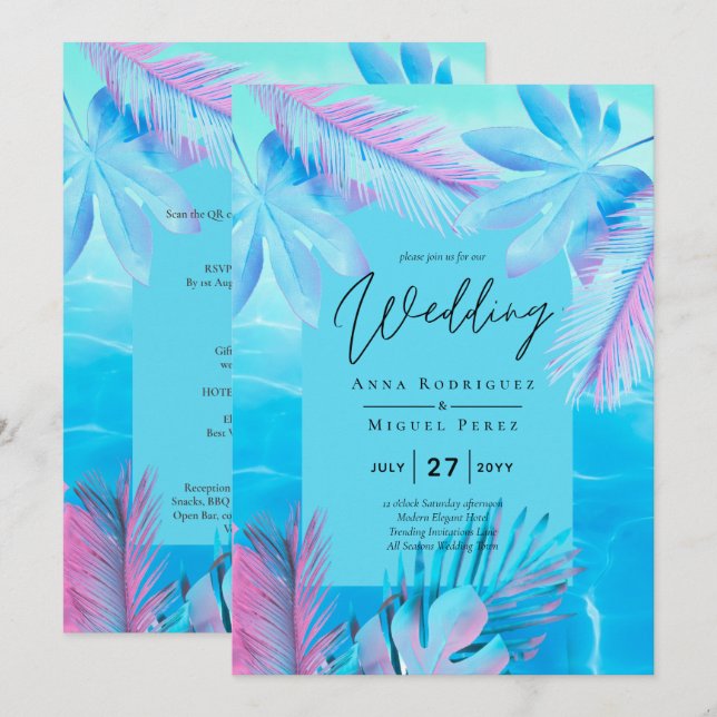 Modern Tropical Summer Aqua Blue Pink Wedding Invitation (Front/Back)