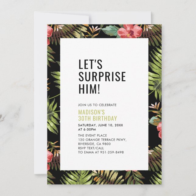 Modern Tropical Surprise Adult Birthday Party Invitation (Front)