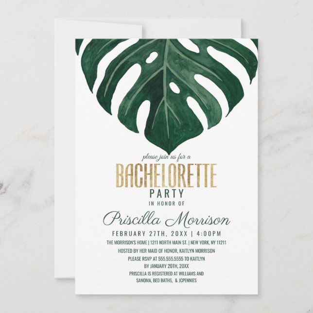Modern Tropical Swiss Cheese Gold Bachelorette Invitation (Front)