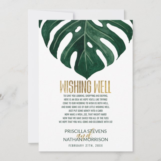 Modern Tropical Swiss Cheese Gold Wishing Well Invitation (Front)