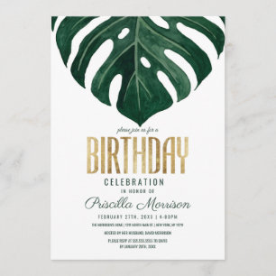 Modern Tropical Swiss Cheese Leaf Gold Birthday Invitation