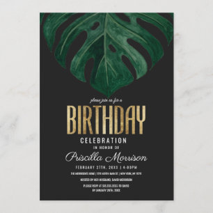 Modern Tropical Swiss Cheese Leaf Gold Birthday Invitation